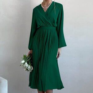 Gorgeous in Green! Spring Midi Dress Long Puff Sleeve Wrap V Neck Flowy Ruffle